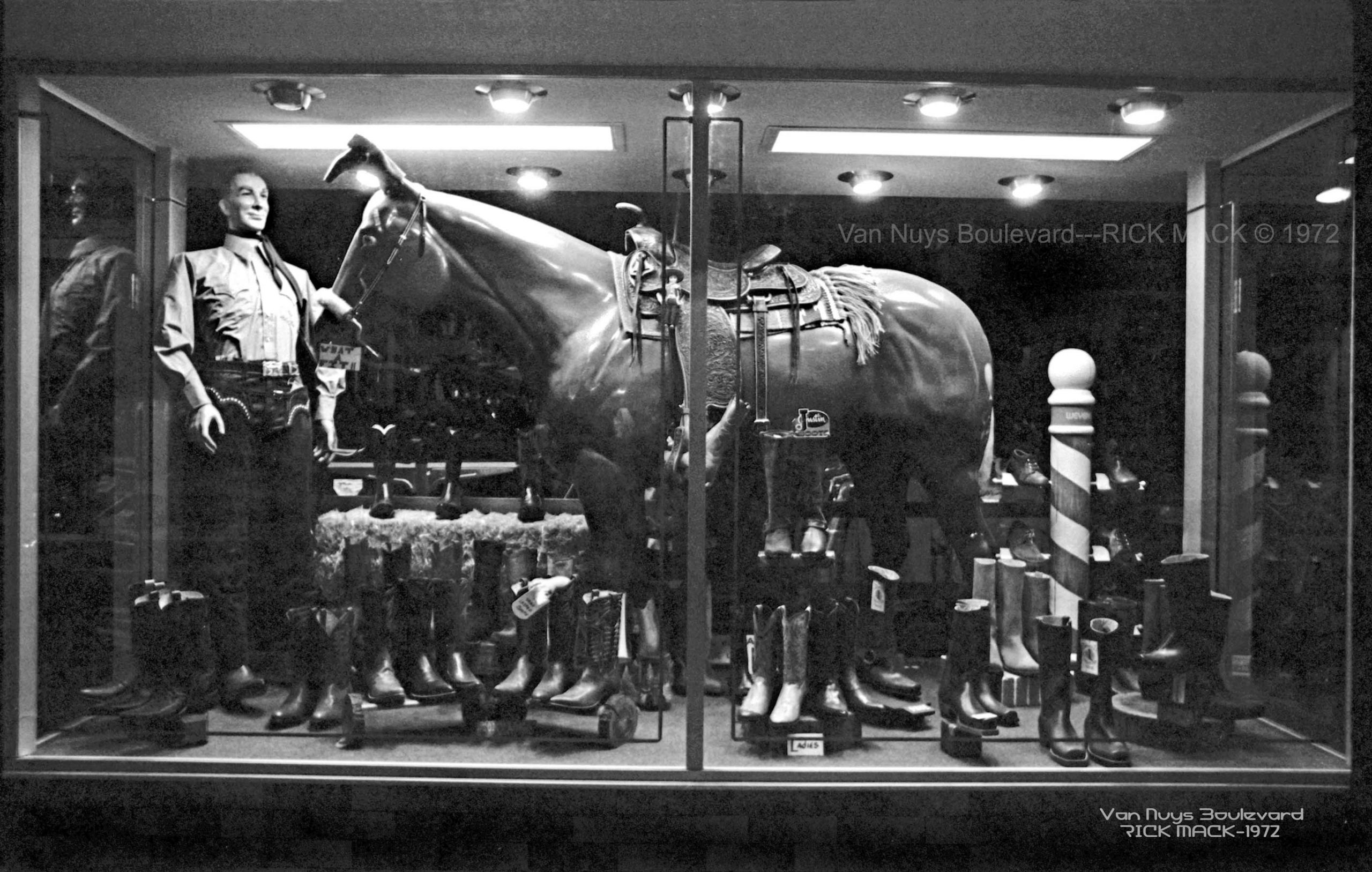 rick mccloskey; van nuys boulevard 1972; western wear store; mannequin; horse; riding boots
