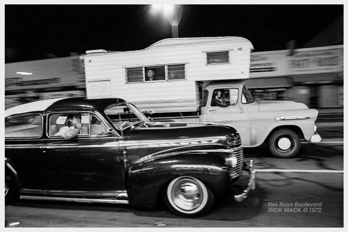 rick mccloskey; van nuys boulevard 1972; 1941 chevy; 1957 chevy truck with camper; Fox theater